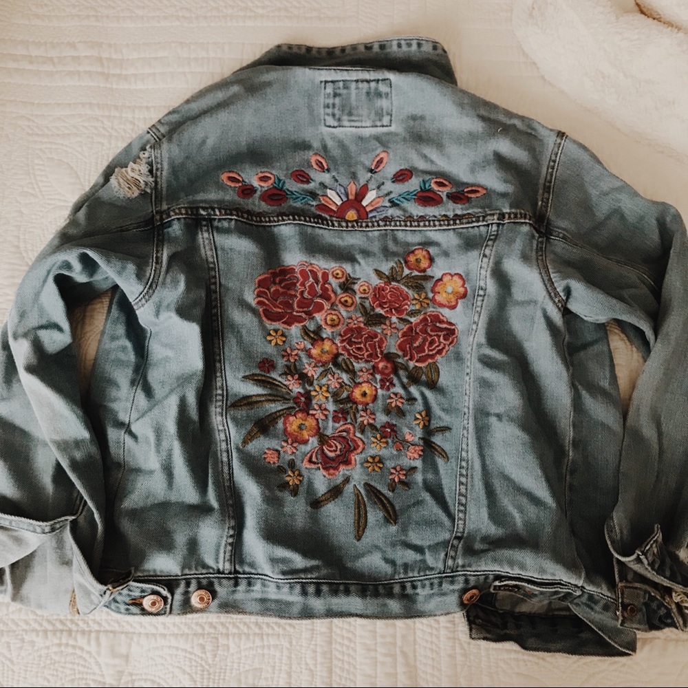 Embroidered Floral distressed Jean Jacket